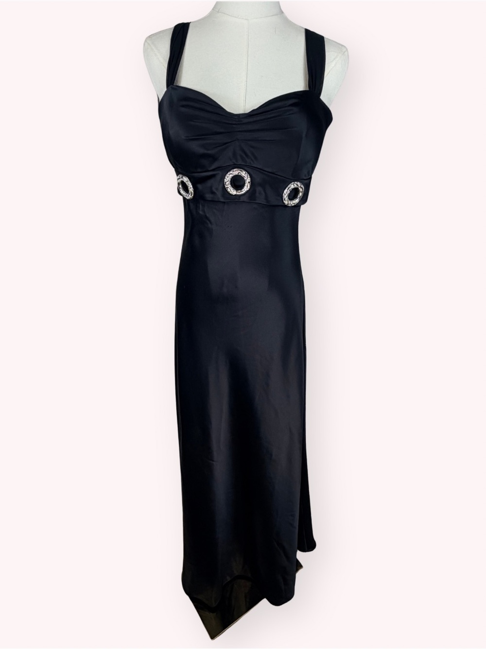 VTG Cassandra Stone Black Liquid Satin Evening Gown Rhinestone Hardware Size 8